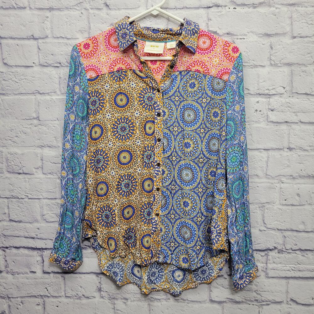 Multicolored Graphic Long Sleeve Button Down Blouse